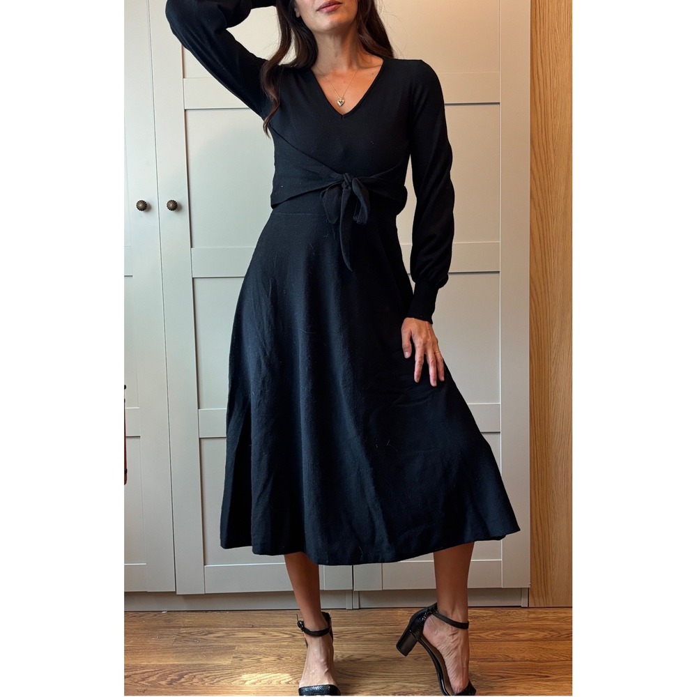 Black Knit Midi Dress Long Bishop Sleeve Tie Waist Sweater Dress Fairygoth S